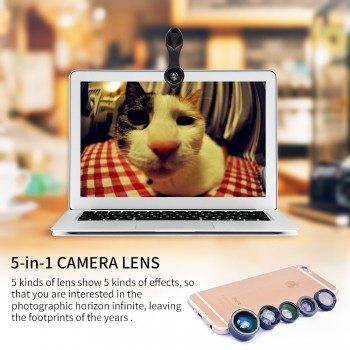 5 in 1 Phone Lens Kit, APEXEL 198 Degree Fisheye /0.63X Wide Angel /15X Macro /Telescope /CPL Lens/ for iPhone Samsung phone