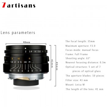 Original 7artisans 35mm F2 Large Aperture paraxial M-mount Lens for sony Leica Cameras A7II A7RII M240 M3 M5 M6 M7 M8 M9 M9P M10