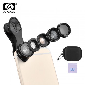 APEXEL APL-DG5H 5 in 1 Cellphone Lens Kit  Fisheye Lens 0.63X Wide Angle Lens CPL Lenses for iPhone Samsung Huawei Xiaomi