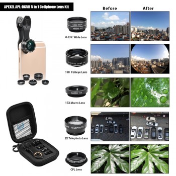 APEXEL APL-DG5H 5 in 1 Cellphone Lens Kit  Fisheye Lens 0.63X Wide Angle Lens CPL Lenses for iPhone Samsung Huawei Xiaomi