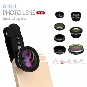MEMTEQ 8 in 1 Clip-on Cell Phone Lens camera lens,Super Fisheye + Wide Angle + Macro Camera Lens + EXT barlow 2X +CPL polarizer