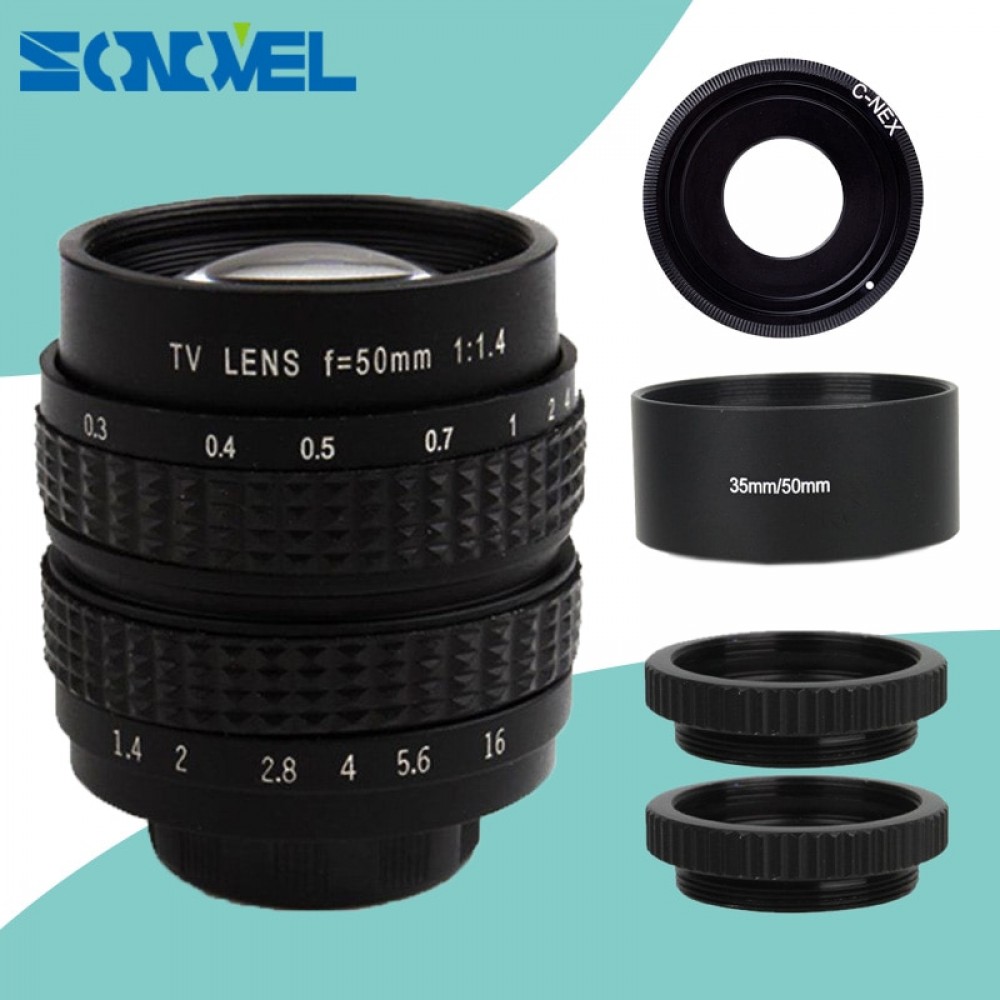 50mm CCTV F1.4 TV Movie lens+C Mount+Macro ring+lens hood for Sony E Mount NEX-5C NEX-5N NEX-C3 NEX-5 NEX-3 A6500 A6300 A6100