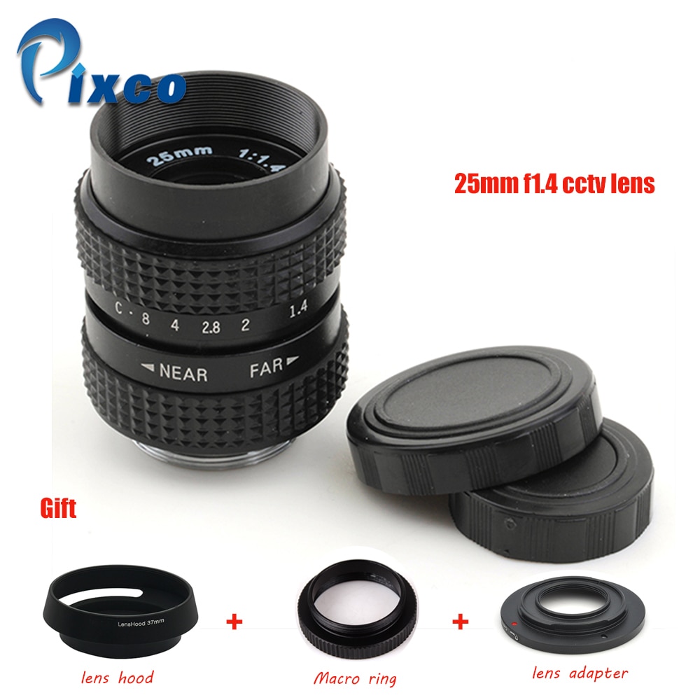Pixco 25mm f/1.4 CC TV Lens + Lens Hood + Macro Ring + C Mount to camera adapter for Nikon1 M4/3 /For Pentax Q Nex For Fuji fx