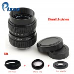 Pixco 25mm f/1.4 CC TV Lens + Lens Hood + Macro Ring + C Mount to camera adapter for Nikon1 M4/3 /For Pentax Q Nex For Fuji fx