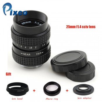 Pixco 25mm f/1.4 CC TV Lens + Lens Hood + Macro Ring + C Mount to camera adapter for Nikon1 M4/3 /For Pentax Q Nex For Fuji fx