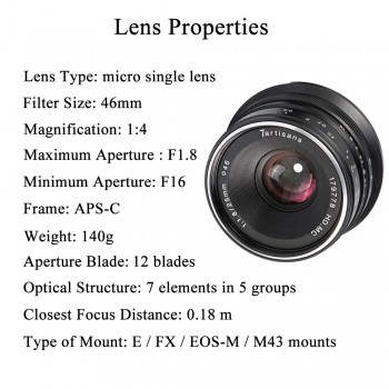 7 artisans 25mm / F1.8 Prime Lens for All Sony E Mount /Canon EOS-M Single Series Mount / Fuji FX Mounting / Olympus M43 Mount
