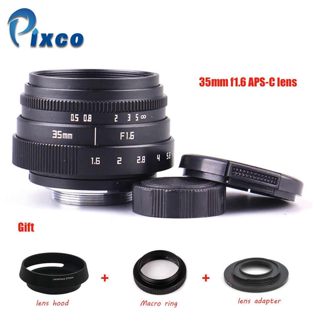 Mini 35mm f/1.6 APS-C TV Lens + Lens Hood + Macro Ring + C to camera adapter for Nikon 1 / M4/3 /for CanonM /Pentax Q /Nex /Fuji