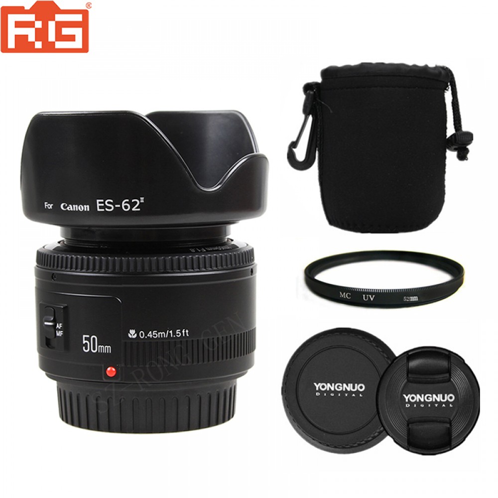 YONGNUO YN50mm Lens fixed focus lens EF 50mm F/1.8 AF/MF lense Large Aperture Auto Focus Lens +52MVUV+Hood For Canon DSLR Camera
