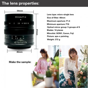 7artisans 55mm F1.4 Large Aperture Portrait Manual Focus Micro Camera Lens Fit for Canon EOSM sony E-Mount Fuji FX Amount lens