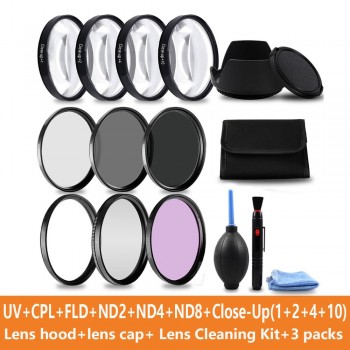 49 52 55 58 62 67 72 77 MM Macro Close-up Filter +1+2+4+10 Set+ UV CPL FLD +ND2 4 8 Camera Lens Filter+Hood for Canon Nikon Sony