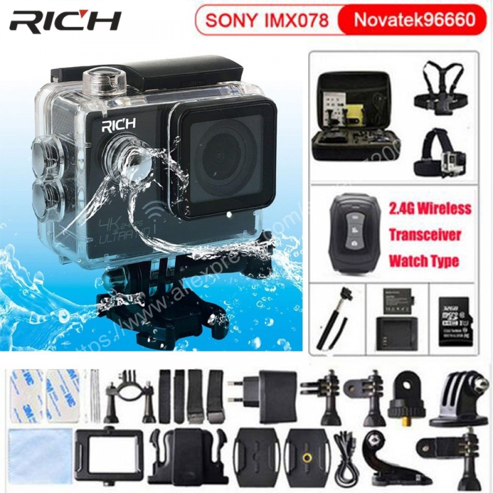 RICH Action Camera gopro hero4 style NT96660 4K 3840*2160P 24FPS Wifi 16MP remote control 170D Lens Waterproof Sports Camera