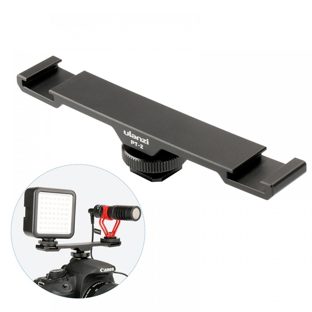 Ulanzi PT-2 Metal Cold Shoe Plate Universal 2 Hot Shoe Mount Extension Bar Dual Bracket with 1/4 Thread for Microphone/ Lights