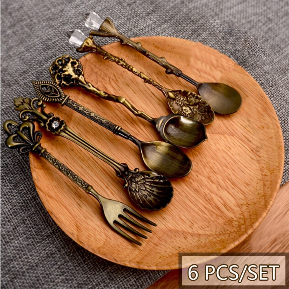 Spoon Coffee Spoon Set Vintage Table Spoon Antique Tea Spoons Coffee Royal Style Metal Carved Fork Tablespoons 6 Pcs/Set 20%