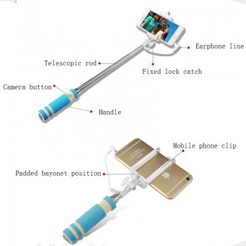 Wholesale mini Wired Selfie Stick Handheld Monopod Built-in Shutter Extendable + Mount Holder For iPhone Samsung Phones Camera