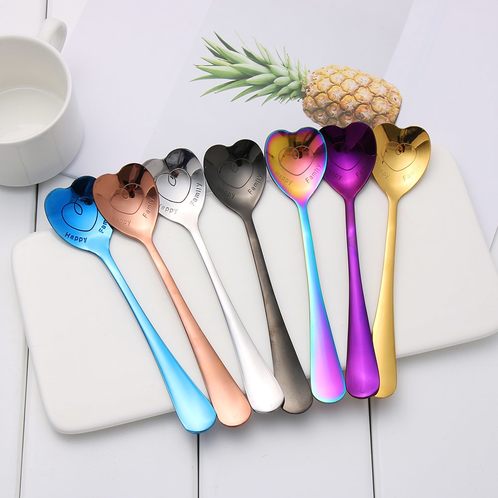Colorful Stainless Steel Heart Shape Coffee Spoon Wedding Dessert Tea Stir Spoon Kitchen Supplies Luxury Tableware