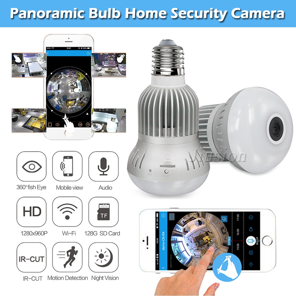 Mini WiFi IP Bulb Panoramic Camera 960P HD Fisheye 360 Degree Surveillance IR Night Vision Motion Detection Webcam Support 128GB