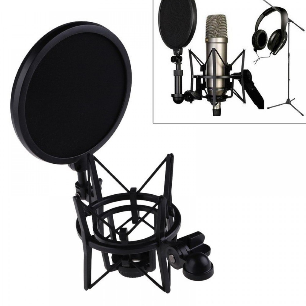 Professional Microphone Mic Shock Mount with Shield Articulating Head Telescoping Height Microphone Holder Stand Bracket