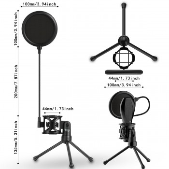 Portable Microphone Stand Desktop Tripod Recording Microphone Stand with Microphone Clip Windscreen Filter