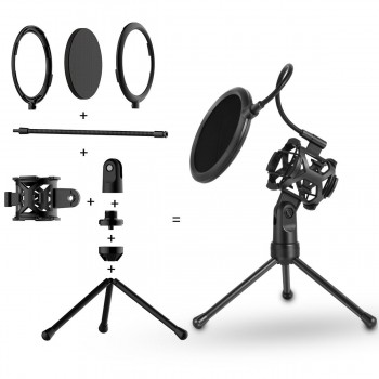 Portable Microphone Stand Desktop Tripod Recording Microphone Stand with Microphone Clip Windscreen Filter