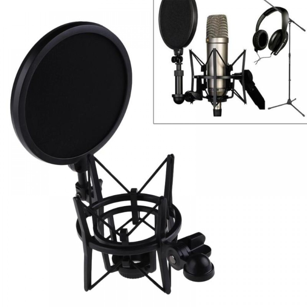 Professional Microphone Mic Shock Mount with Pop Shield Articulating Head Telescoping Height Microphone Holder Stand Bracket
