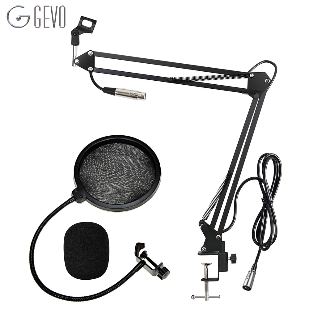 GEVO NB-35 Microphone Suspension Boom Scissor Arm Stand And Mic Pop Filter Windscreen Mask Shield Clip Kit With 3 Pin XLR Cable