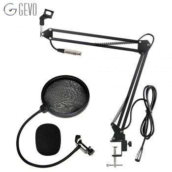 GEVO NB-35 Microphone Suspension Boom Scissor Arm Stand And Mic Pop Filter Windscreen Mask Shield Clip Kit With 3 Pin XLR Cable