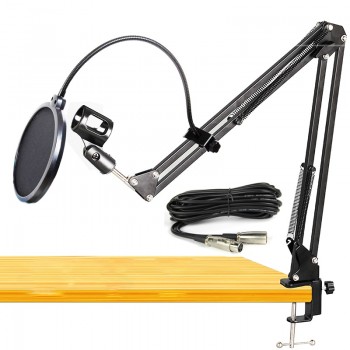GEVO NB-35 Microphone Suspension Boom Scissor Arm Stand And Mic Pop Filter Windscreen Mask Shield Clip Kit With 3 Pin XLR Cable