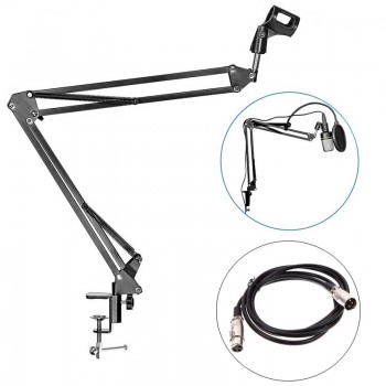 GEVO NB-35 Microphone Suspension Boom Scissor Arm Stand And Mic Pop Filter Windscreen Mask Shield Clip Kit With 3 Pin XLR Cable