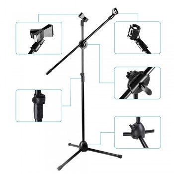 NB-107 Professional Microphone Stand Metal Dual Microphone Holder Tripod Adjustable Double-headed Clip Telescopic Boom Support