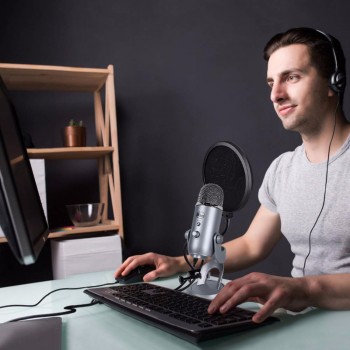 Microphone Pop Filter For Blue Yeti and Any Other Microphone Dual Layered Wind Pop Screen With Flexible Gooseneck Clip