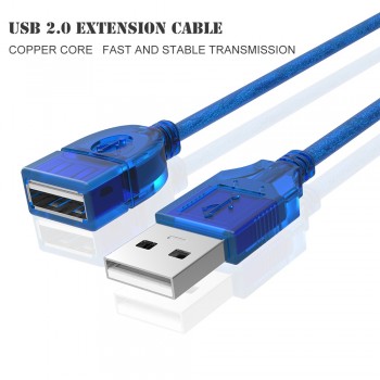 0.3M 0.5M 1.5M 3M 5M New USB2.0 Extension Cable Male to Female USB Adapter Transparent Blue Anti-interference Dual Shielding