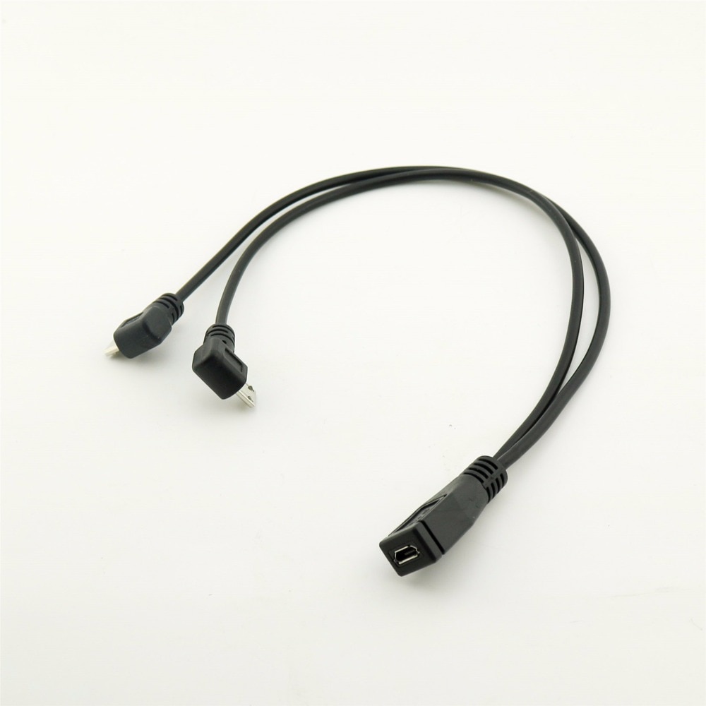 1pcs Micro USB 2.0 5 Pin Female To Dual 2x Male Splitter Y Angled Data Charger Charging Cable Cord For Phone Cellphone 30cm