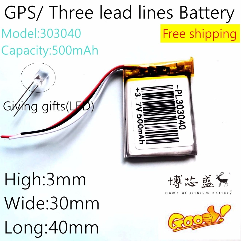 3.7V,500mAH,[303040]Three lead lines PLIB; polymer lithium ion / Li-ion battery for dvr,GPS,mp3,mp4,cell phone,speaker