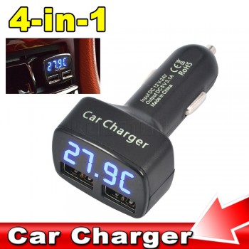 New 2-port Mini12-24V 4 in 1 Car Charger Dual DC5V 3.1A USB with Voltage/temperature/Current Meter Tester Adapter