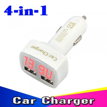 kebidu 4 in  1 Car Charger Adapter USB Charge DC 5V 3.1A Blue Red LCD Digital Display Car Charging for Phones for iPad for iPod