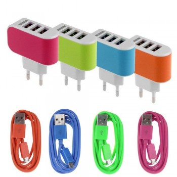 EPULA 3.1A Triple USB Port Wall Home Travel AC Charger Adapter EU + Micro USB Cable For iphone series, ipad, ipod, Samsung