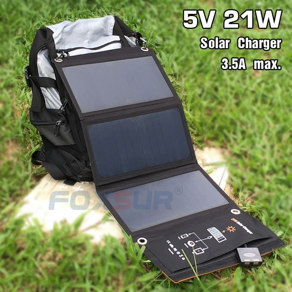FOXSUR 5V 21W Outdoor Solar Charger Panel 5V 3.5A max. Foldable charger, Portable Dual Output travel Charger,No mans land use