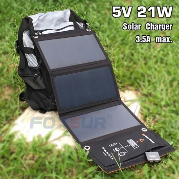 FOXSUR 5V 21W Outdoor Solar Charger Panel 5V 3.5A max. Foldable charger, Portable Dual Output travel Charger,No mans land use