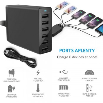 EPULA 12A 60W Multi Port Tour USB Quick Charger Rapid Charging Station Desktop Travel Hub for Iphone For Android phone