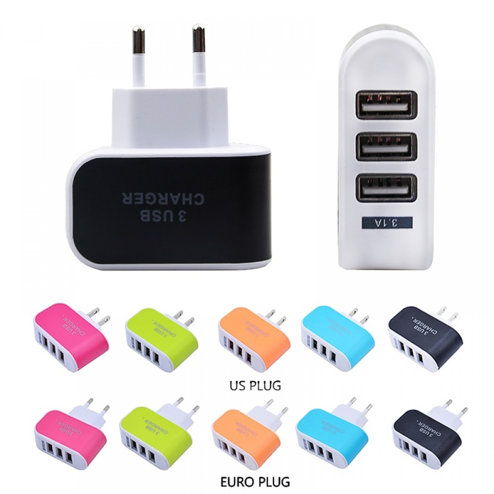 5V 3A EU US Plug Power Adapter 3 Ports Multiple Wall USB Smart Charger Adapter Mobile Phone Device Fast Charging for iPhone iPad