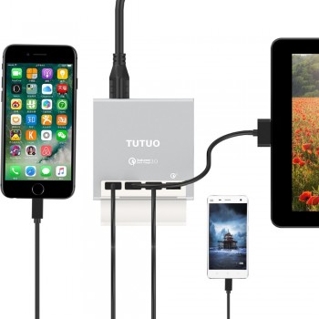 TUTUO 40W 4 Ports USB Charger Quick Charge 3.0 Fast Desktop Dock Holder Power Adapter for iPhone 7 iPad Pro 10.5 Huawei Mate 10