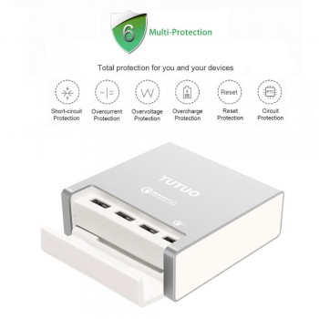 TUTUO 40W 4 Ports USB Charger Quick Charge 3.0 Fast Desktop Dock Holder Power Adapter for iPhone 7 iPad Pro 10.5 Huawei Mate 10
