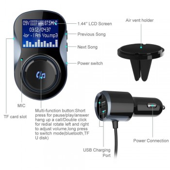 Bluetooth Hands-free FM Modulator Stereo Car MP3 Player Audio Adaptor FM Transmitter Support U Disk TF Dual USB Charger