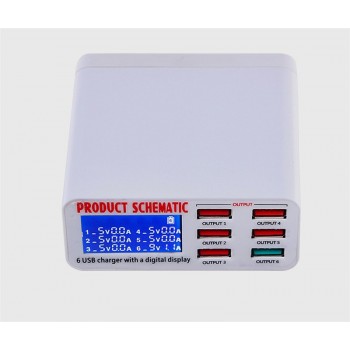USB Charger Portable Multi USB Port Rapid Charger 6 Port USB Socket Fast Charger with LCD Display for Smart Mobile Phone