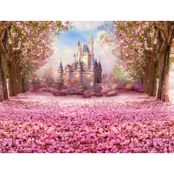 Cherry Pink Flowers Spring Photography Backdrop Rainbow Fairy tale Castle baby shower Children Princess Photo Background S-2711