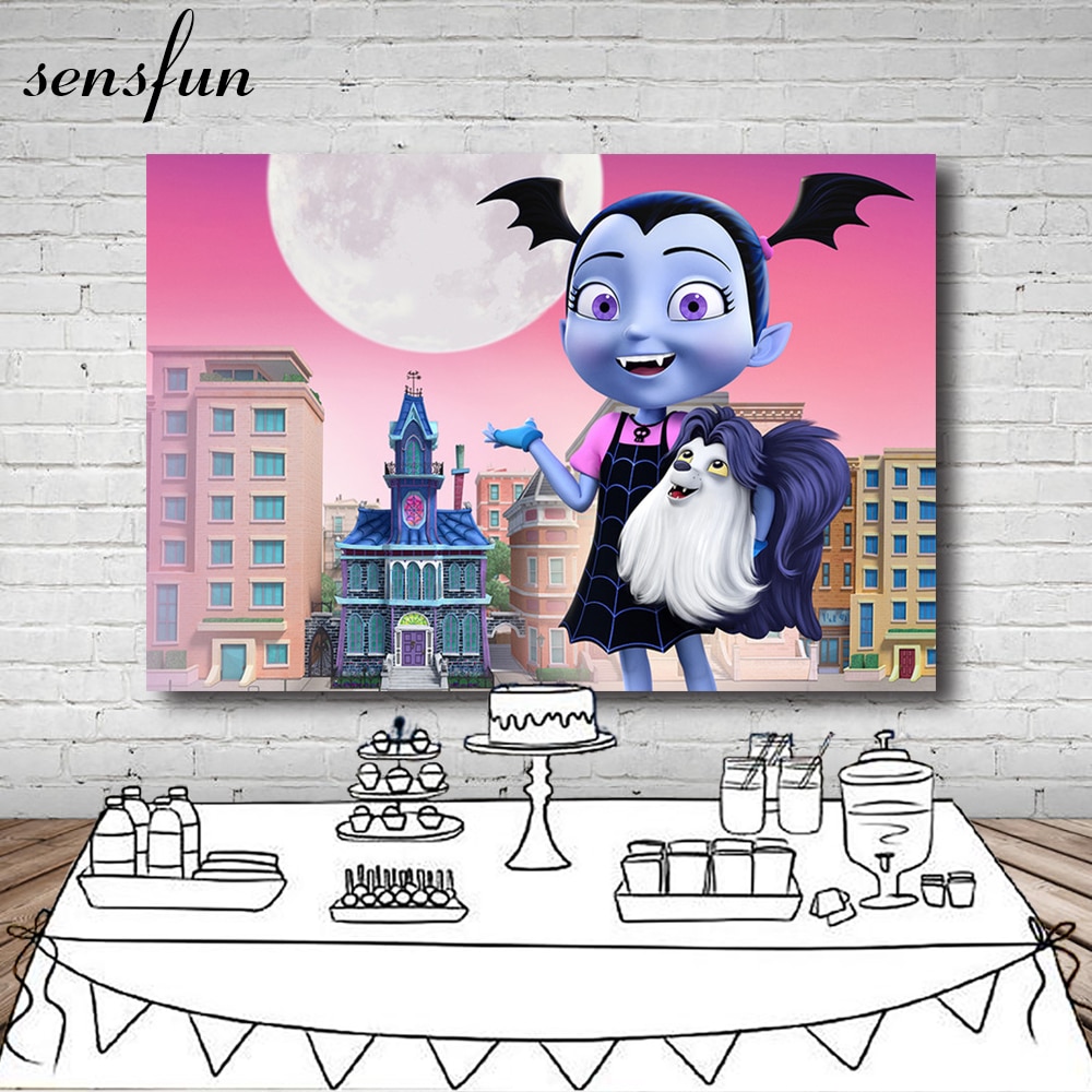 Sensfun Buildings Round Moon  Building Moon Junior Vampirina Backdrop Girls Birthday Party Backgrounds 7x5FT Vinyl