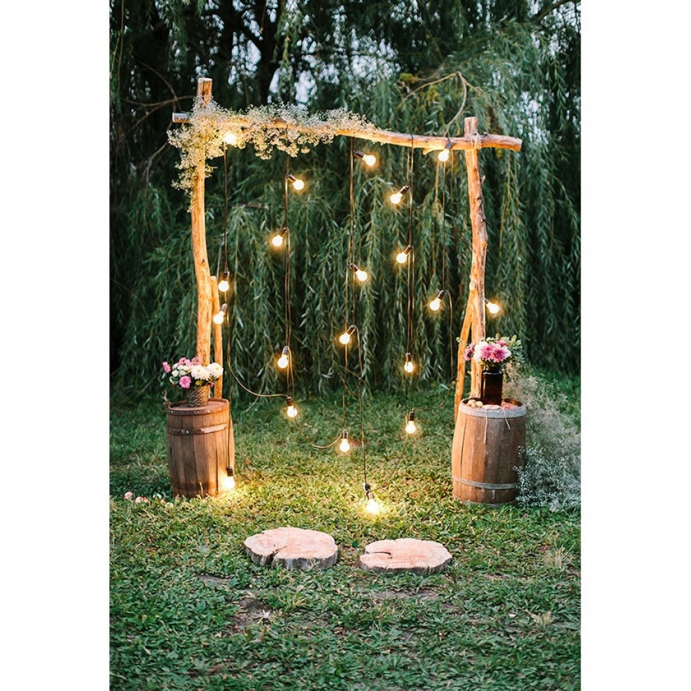 MEHOFOTO Green Spring Tree Lights Garland Gate Romantic Grass  Wedding Ceremony Backgrounds Photography Backdrop Photo Studio