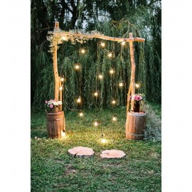 MEHOFOTO Green Spring Tree Lights Garland Gate Romantic Grass  Wedding Ceremony Backgrounds Photography Backdrop Photo Studio