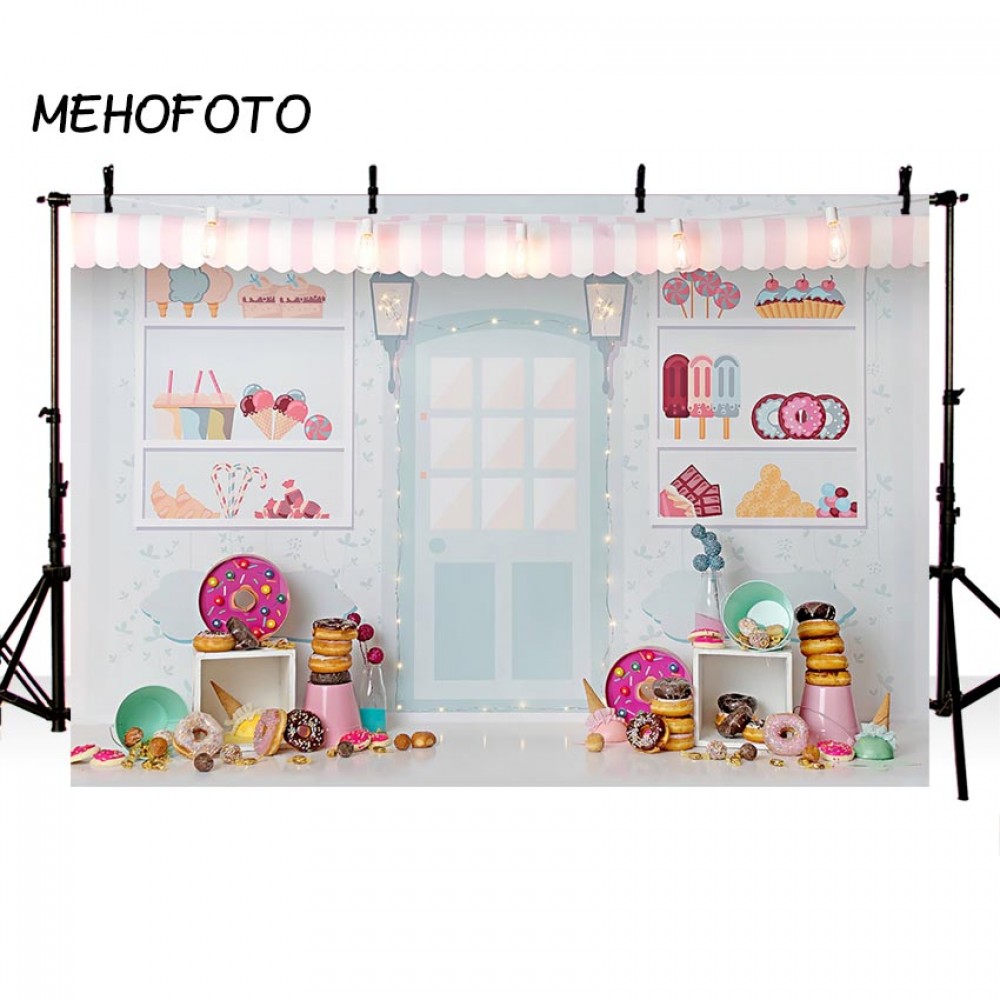 MEHOFOTO Candy Bar Ice Cream Parlor Celebration Background Baby 1st Birthday Party Banner Photography Backdrop for Photo Booth