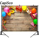 Capisco Colorful Birthday Carnival Party Items On Wooden Pictorial photo Photography Background Computer Printed Vinyl Backdrop